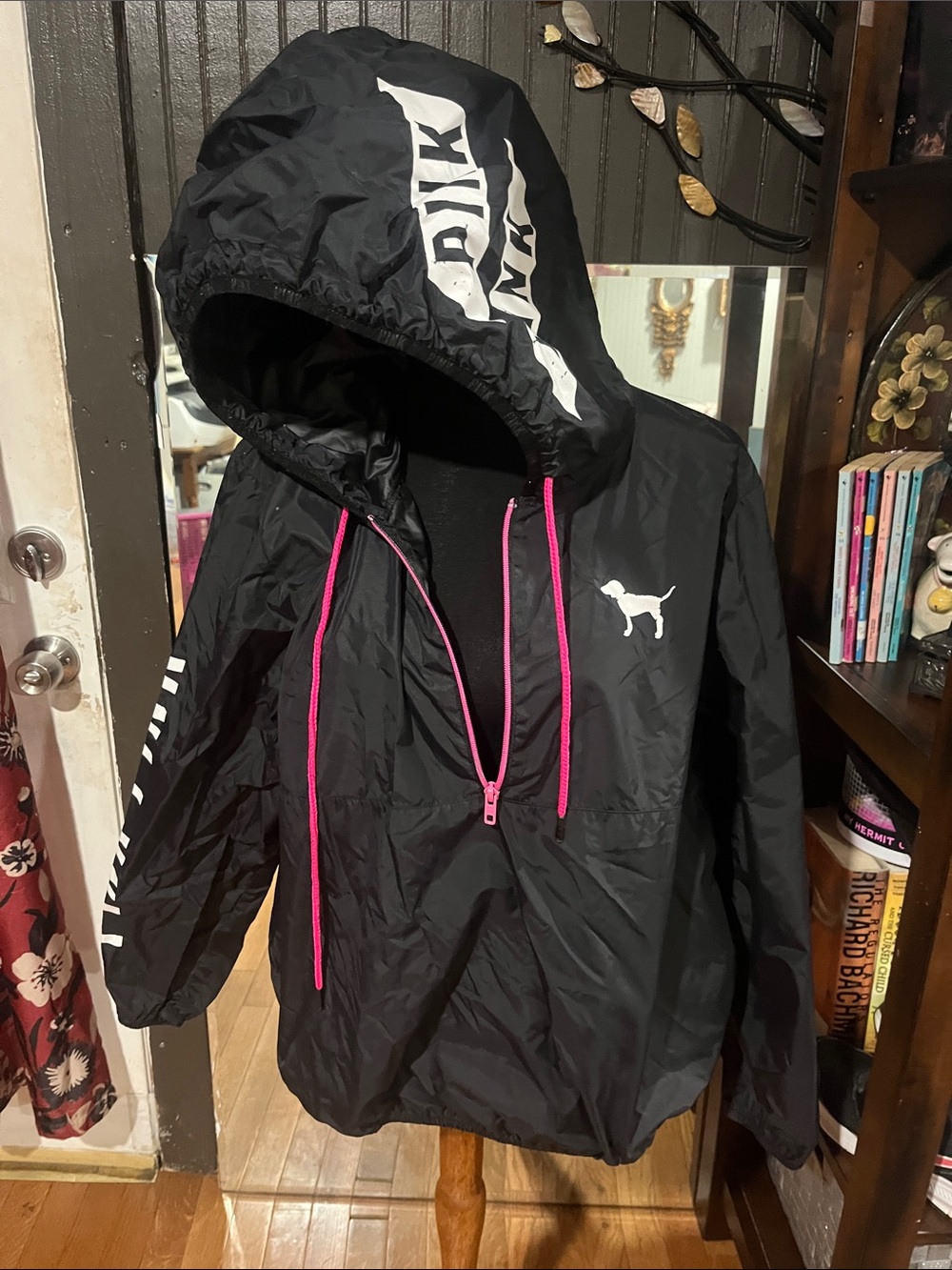 PINK Victoria's Secret Black Hooded Raincoat with Pink Accents